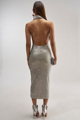 POPPIN' BOTTLES RHINESTONE MAXI DRESS IN SILVER