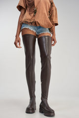 AZALEA WANG SURGICAL NEW THIGH HIGH STRETCH PU FLAT BOOT