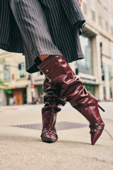AZALEA WANG TESARA BURGUNDY RUCHED STILETTO BOOT WITH HARDWARE