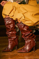 AZALEA WANG TESARA BURGUNDY RUCHED STILETTO BOOT WITH HARDWARE