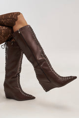 AZALEA WANG THAUMUS BROWN LACE UP WEDGE BOOT