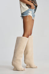 AKIRA GOLD VINCENT SHERPA IVORY OPEN TOE WEDGE BOOT
