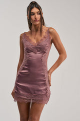 ESSENTIAL LACE TRIM SATIN SLEEVELESS MINI DRESS IN MAUVE