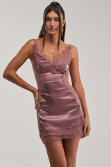 ESSENTIAL LACE TRIM SATIN SLEEVELESS MINI DRESS IN MAUVE