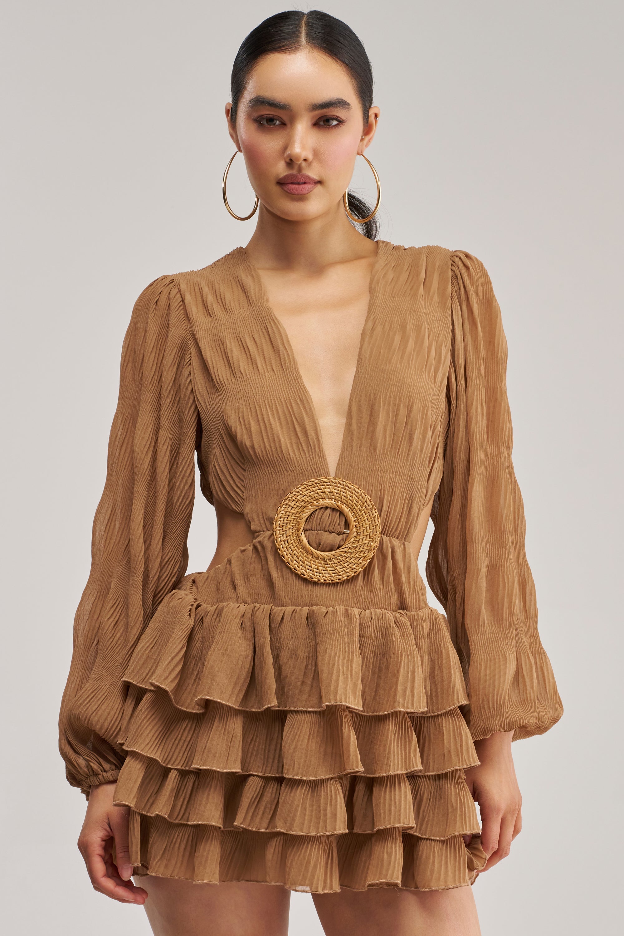 ON ISLAND TIME RUFFLED MINI DRESS IN TAUPE