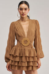 ON ISLAND TIME RUFFLED MINI DRESS IN TAUPE