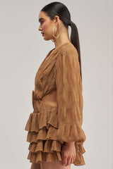 ON ISLAND TIME RUFFLED MINI DRESS IN TAUPE