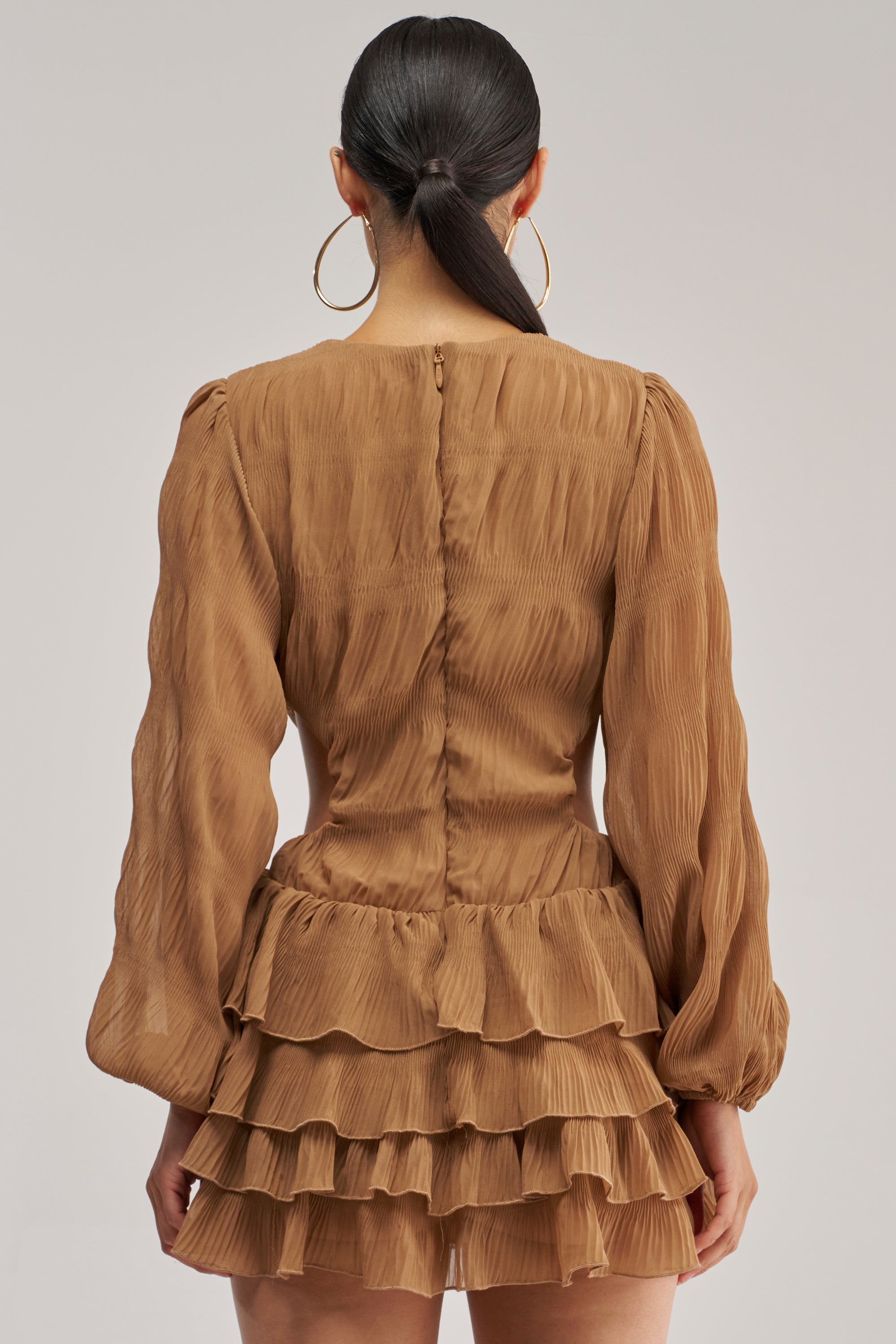 ON ISLAND TIME RUFFLED MINI DRESS IN TAUPE