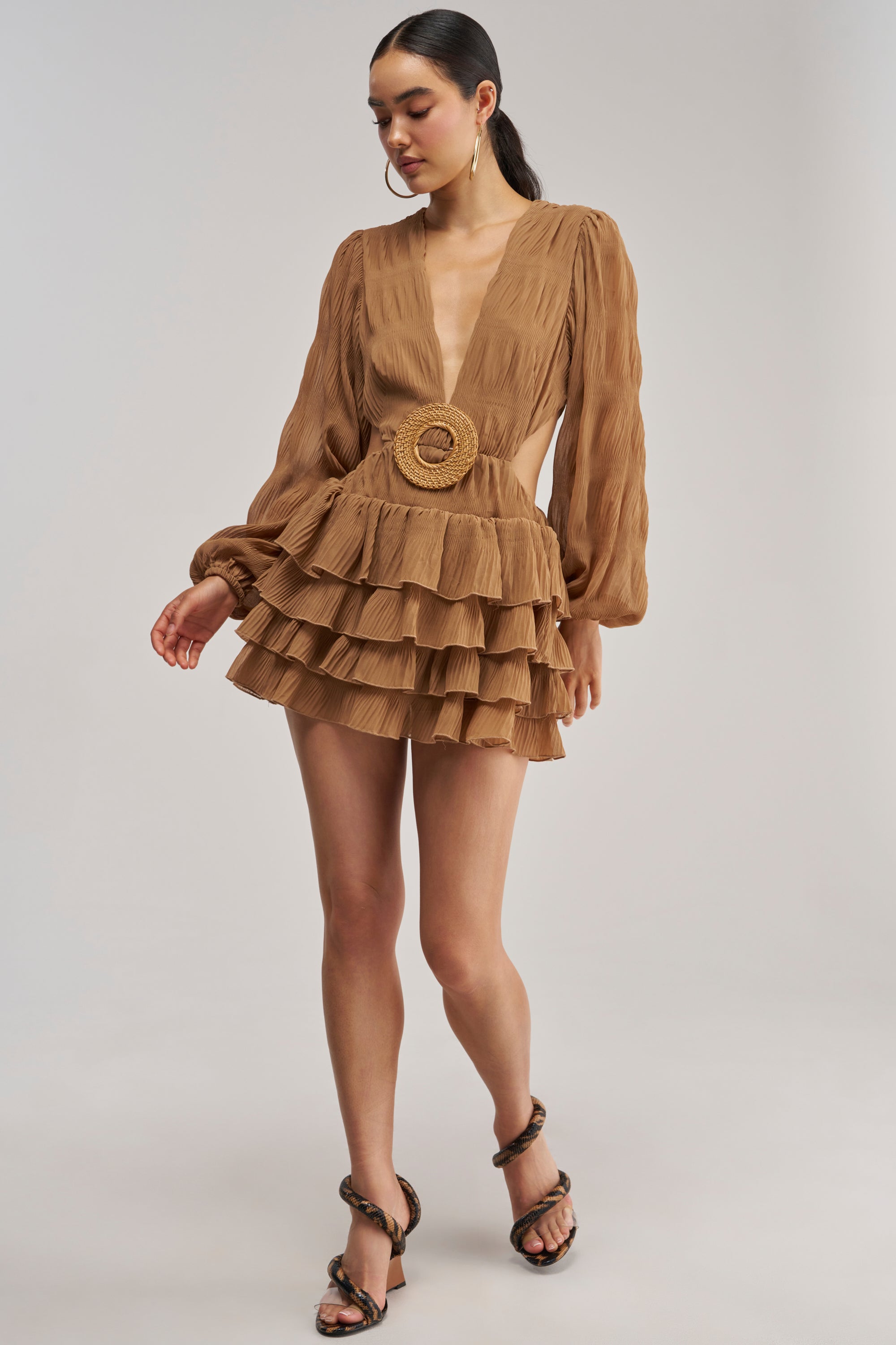 ON ISLAND TIME RUFFLED MINI DRESS IN TAUPE