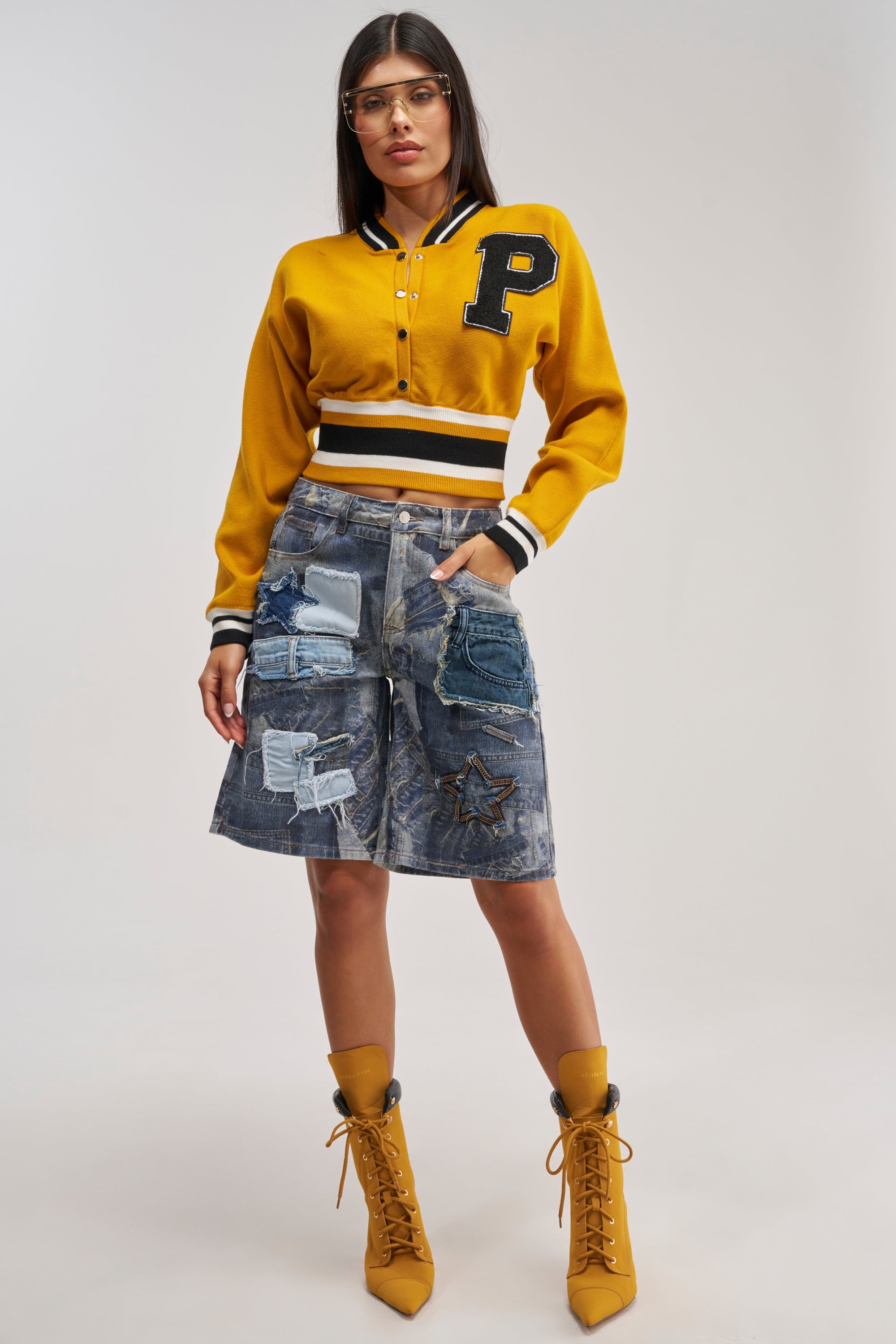 VARSITY TEAM BUTTON DOWN SWEATER IN MUSTARD
