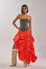 LETS CHANGE IT UP RUCHED MIDI SKIRT IN ORANGE