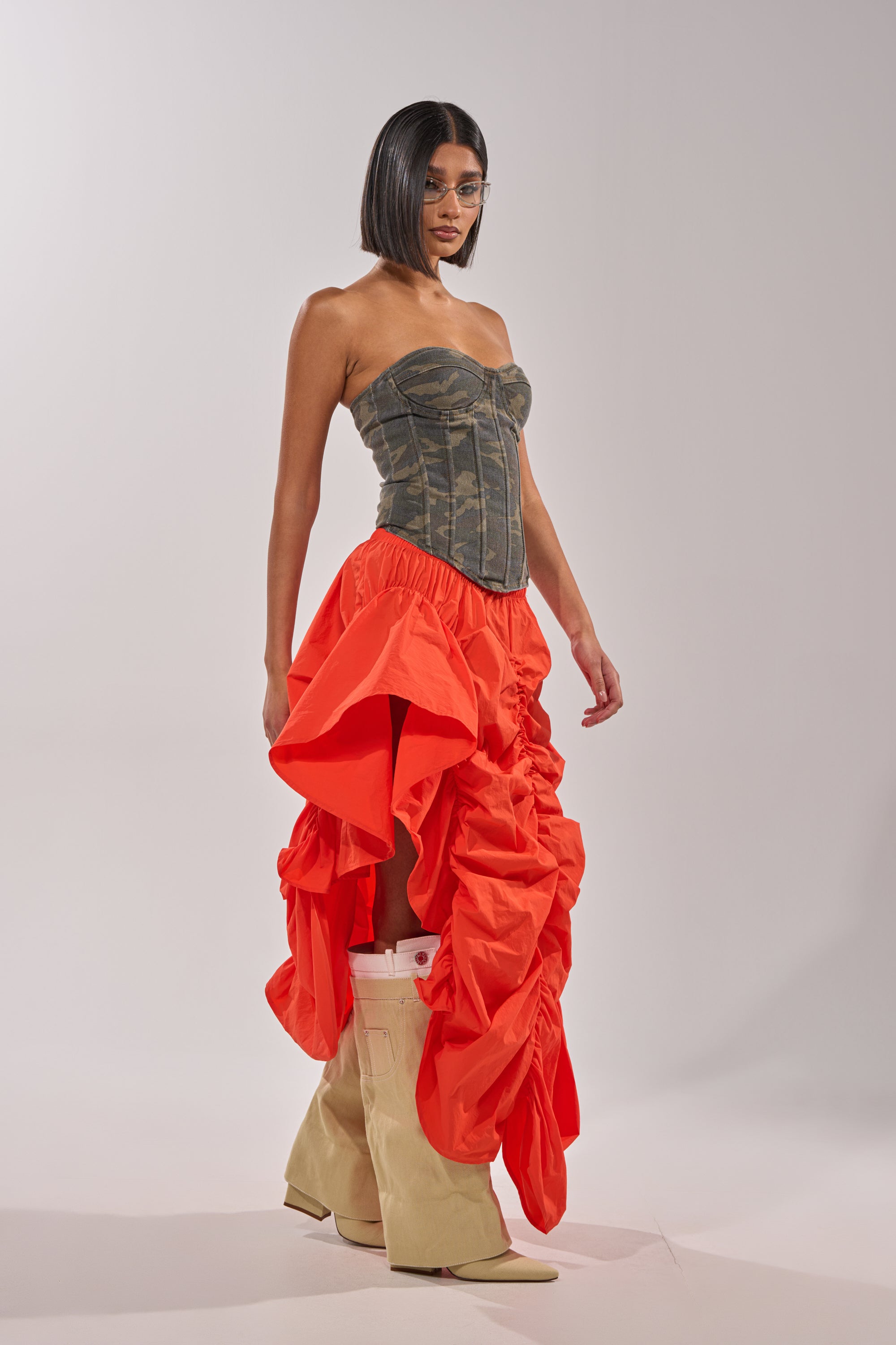 LETS CHANGE IT UP RUCHED MIDI SKIRT IN ORANGE
