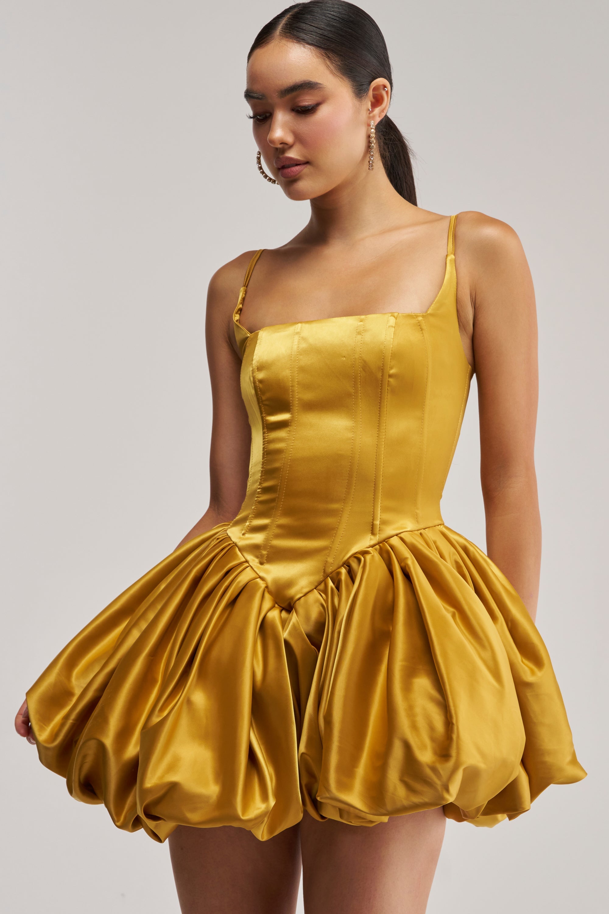 JULIET SATIN MINI DRESS IN MUSTARD