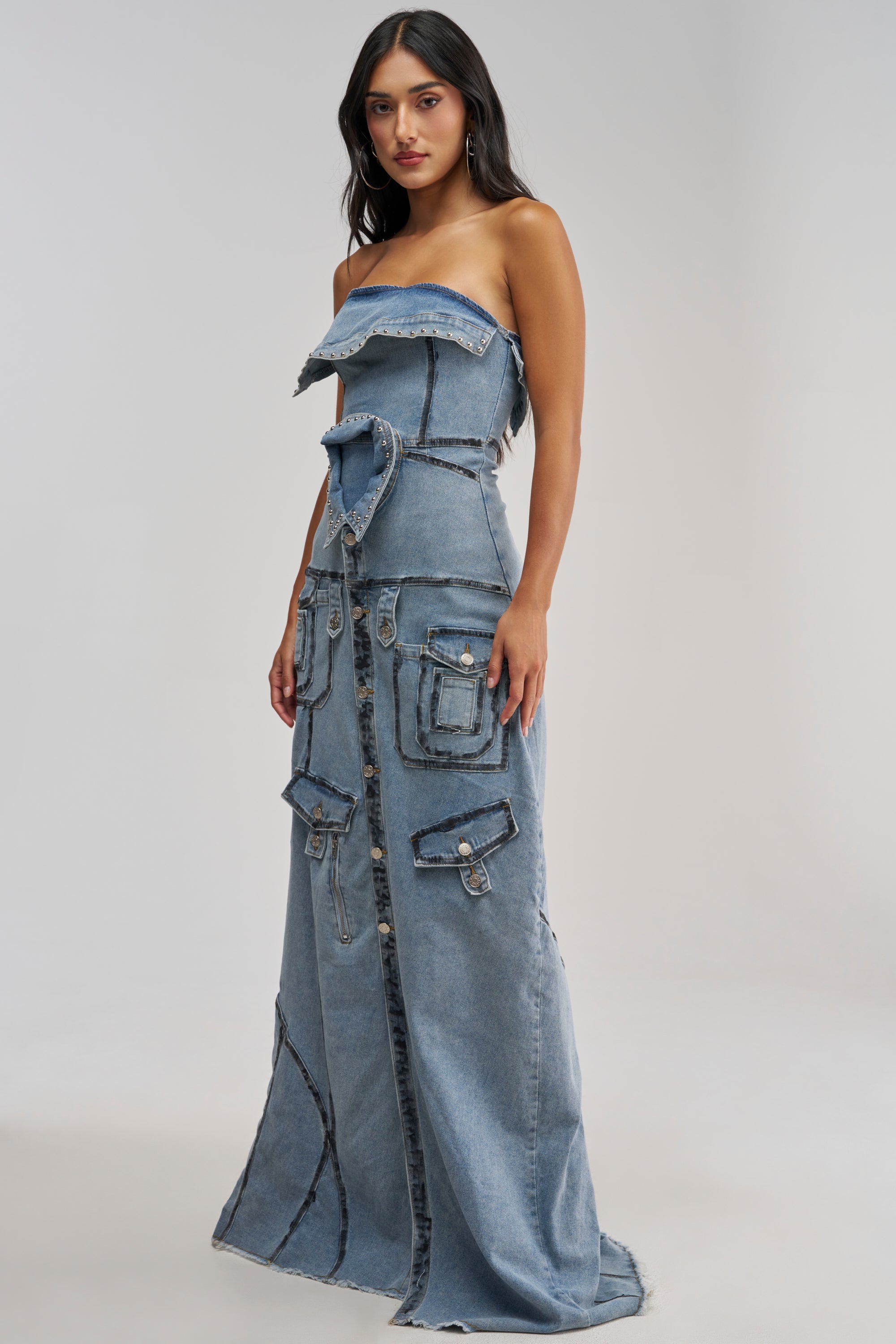 TORRI DENIM STUDDED MAXI DRESS IN MEDIUM BLUE DENIM