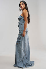 TORRI DENIM STUDDED MAXI DRESS IN MEDIUM BLUE DENIM