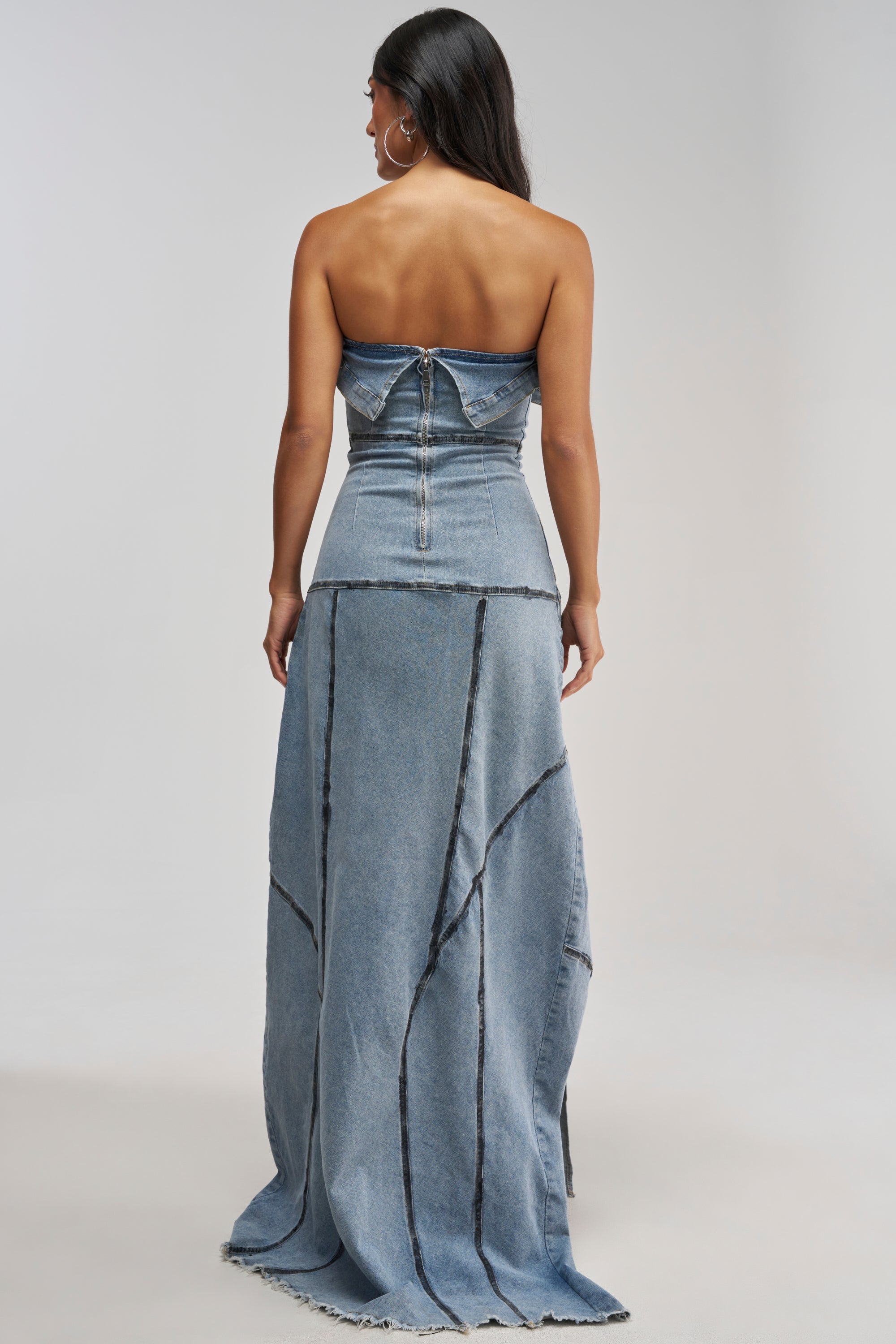 TORRI DENIM STUDDED MAXI DRESS IN MEDIUM BLUE DENIM