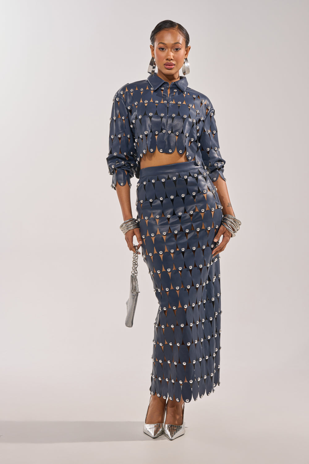 THE SNEAK PEEK STUDDED PU CROP CARDIGAN IN NAVY