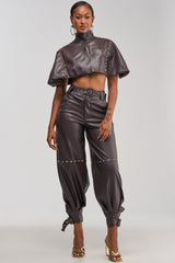 STUDDED FAUX LEATHER BELTED PANT IN DARK CHOCOLATE
