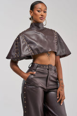 STUDDED FAUX LEATHER CAPE IN DARK CHOCOLATE