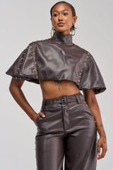 STUDDED FAUX LEATHER CAPE IN DARK CHOCOLATE