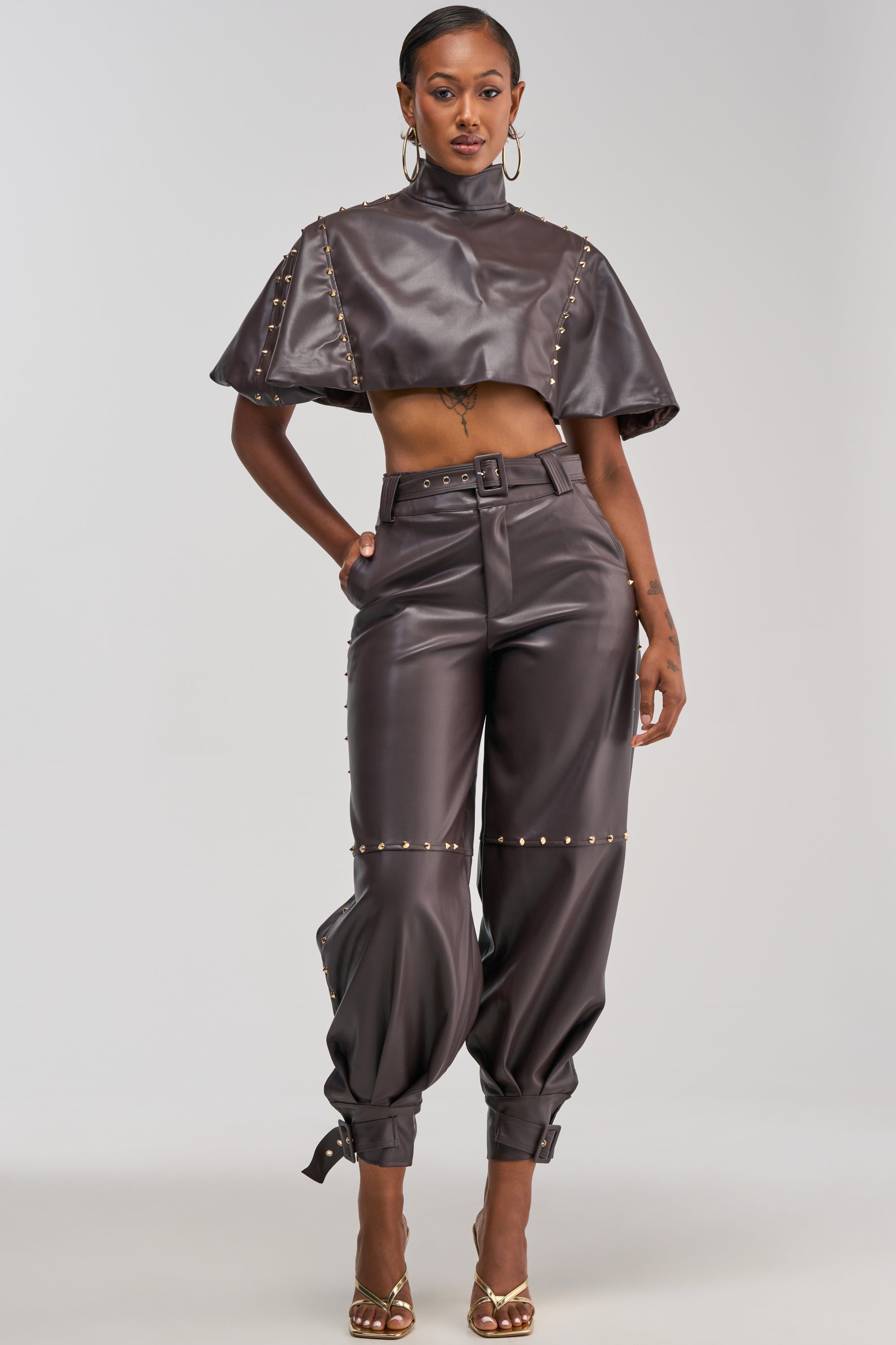 STUDDED FAUX LEATHER CAPE IN DARK CHOCOLATE