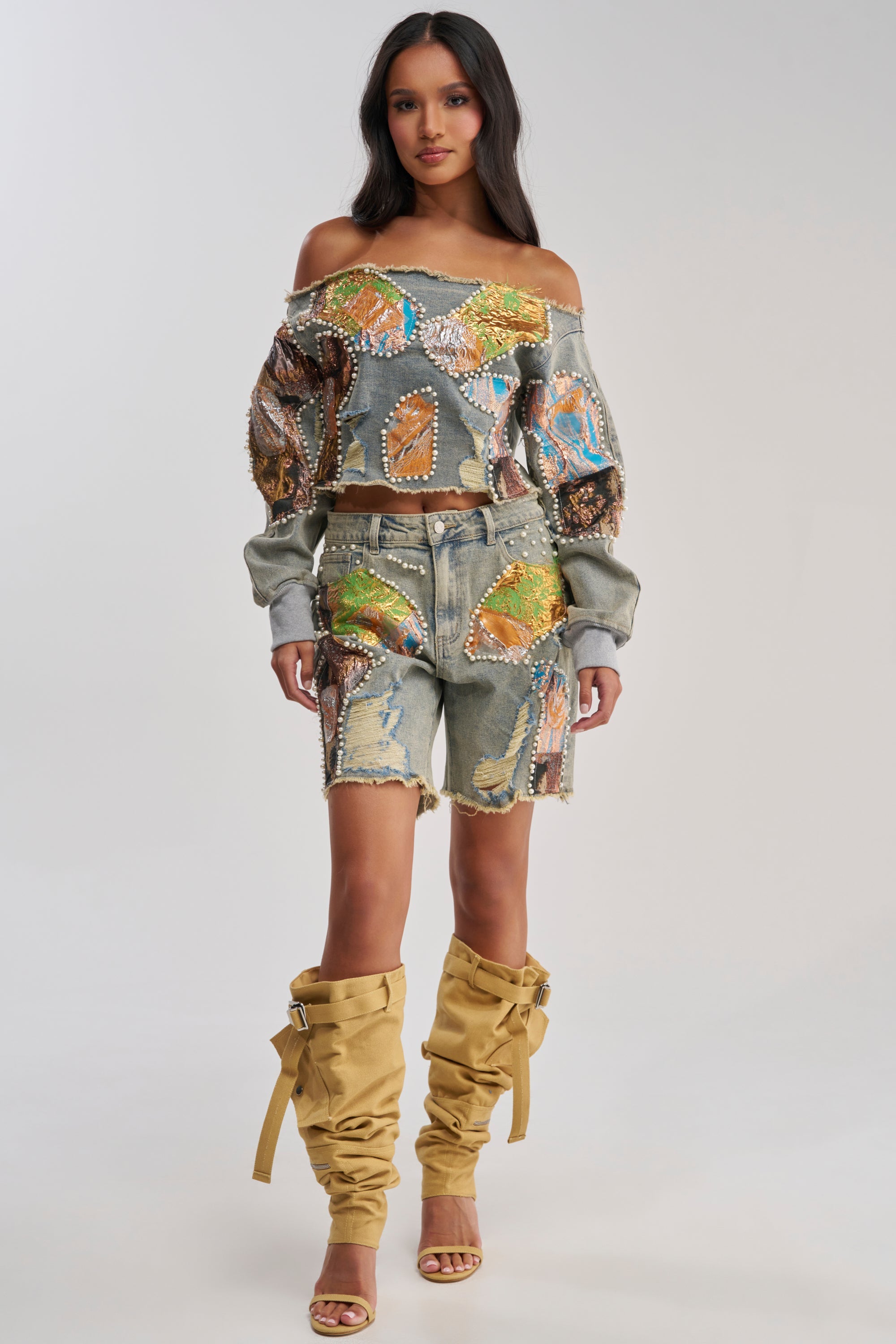 PATCHED UP LOW RISE BROCADE BERMUDA