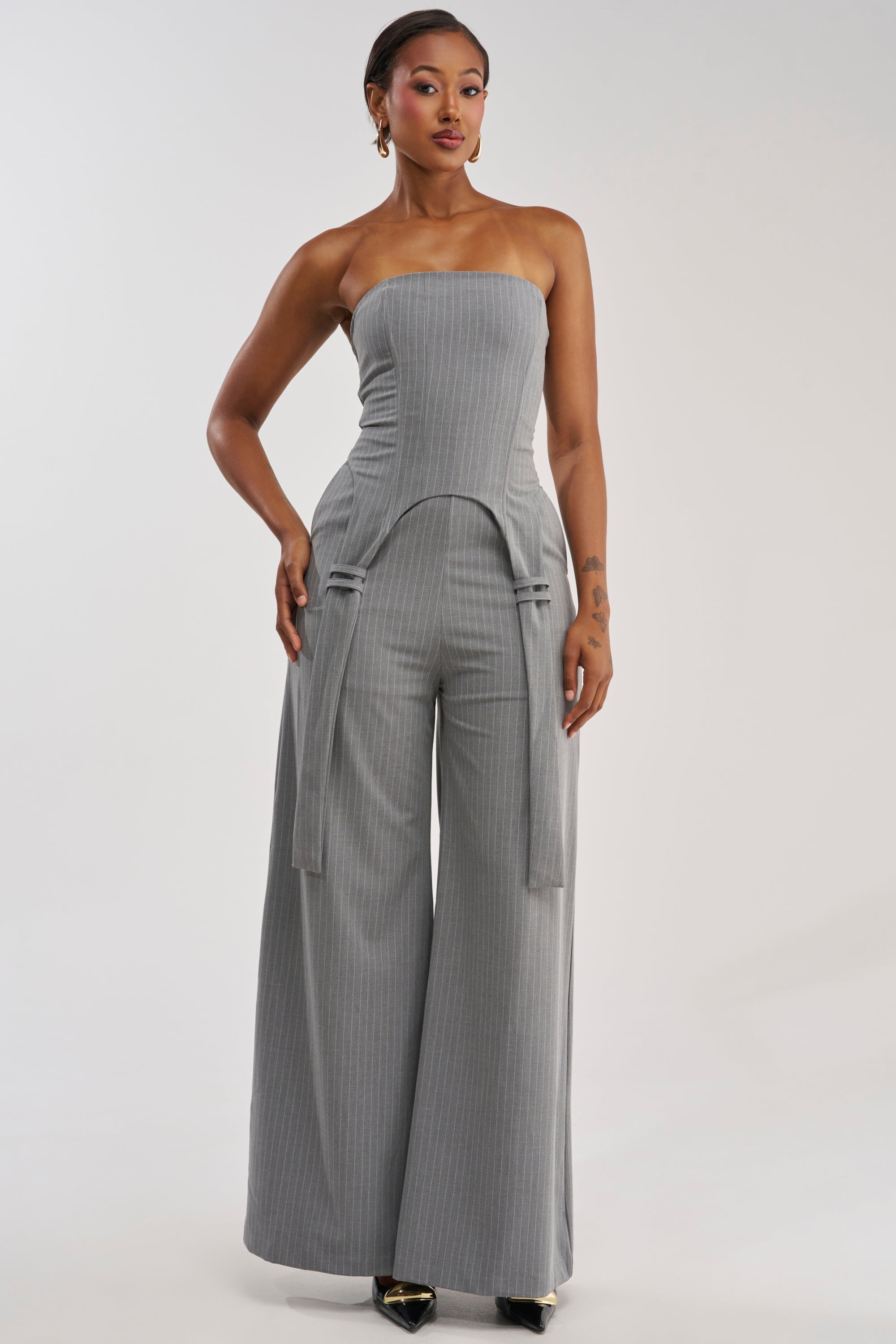 WATCH AND LEARN STRAPLESS PINSTRIPE JUMPSUIT