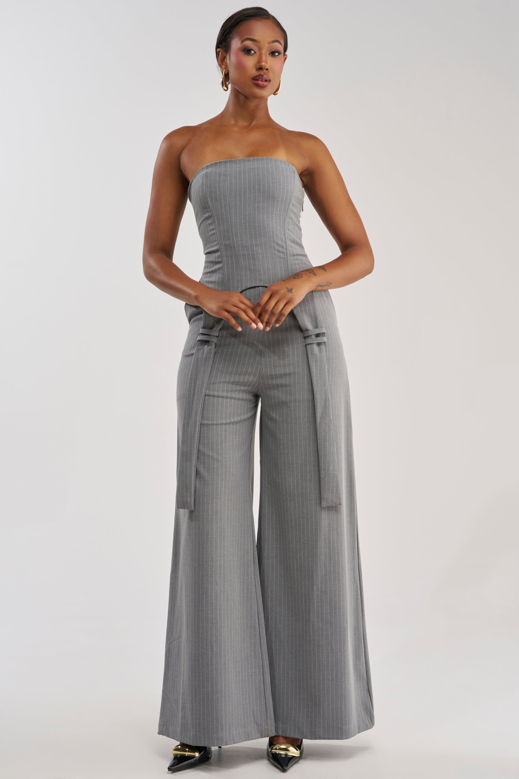 WATCH AND LEARN STRAPLESS PINSTRIPE JUMPSUIT