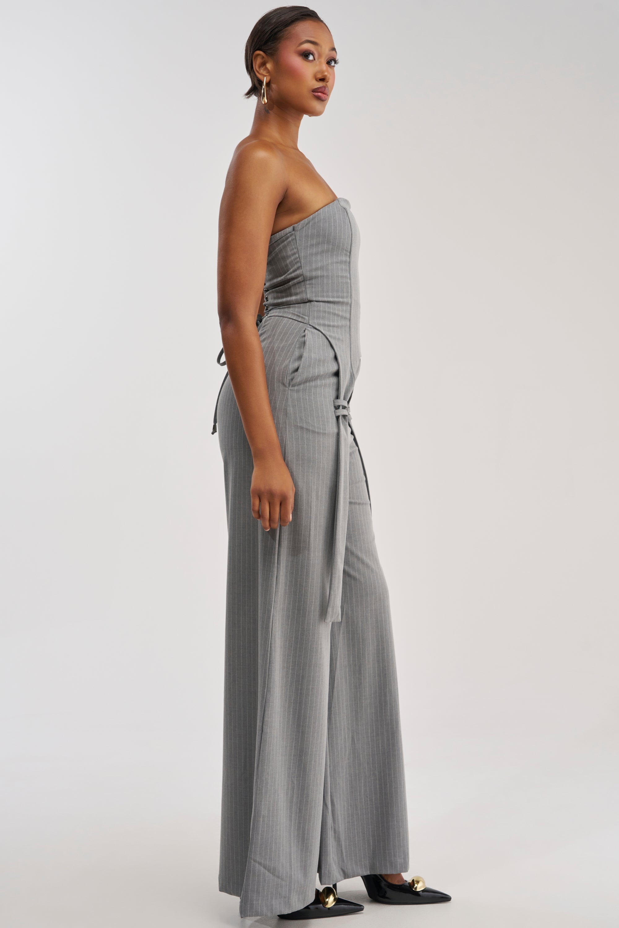 WATCH AND LEARN STRAPLESS PINSTRIPE JUMPSUIT