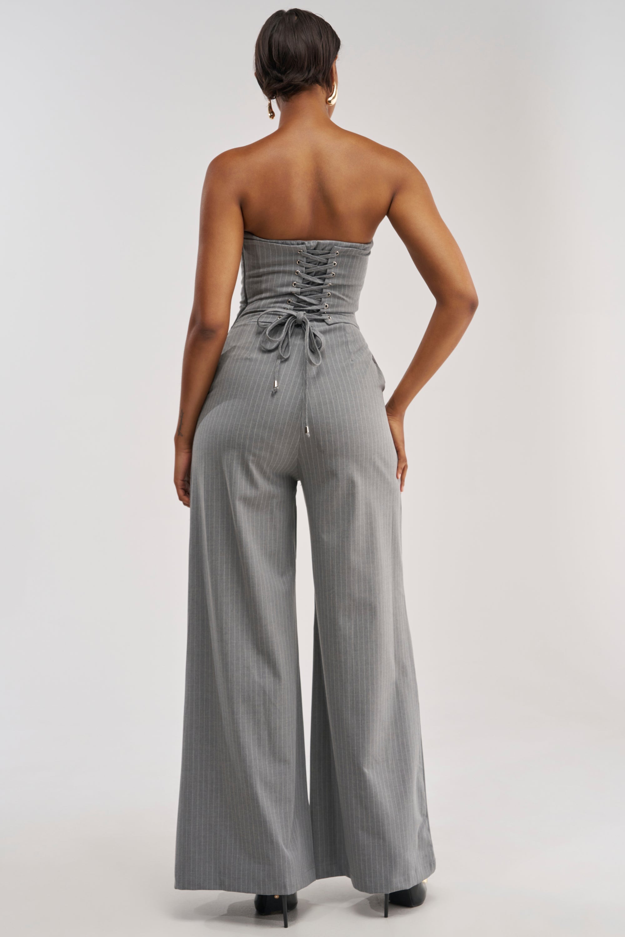 WATCH AND LEARN STRAPLESS PINSTRIPE JUMPSUIT