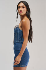 FEELIN THE LOVE RHINESTONE DENIM MINI DRESS