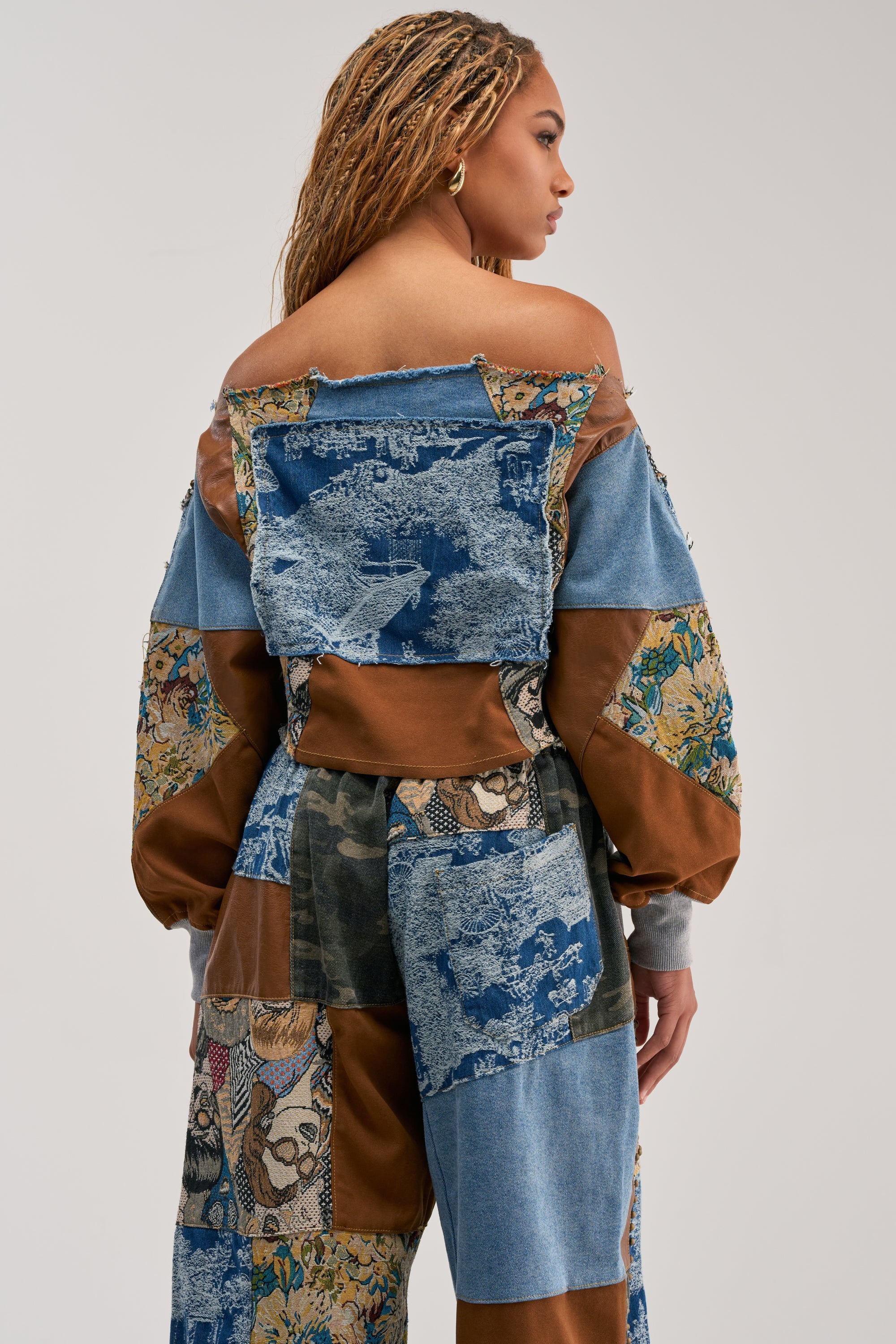 CALL ME CRAZY PATCHWORK OFF THE SHOULDER SWEATSHIRT IN BROWN MULTI