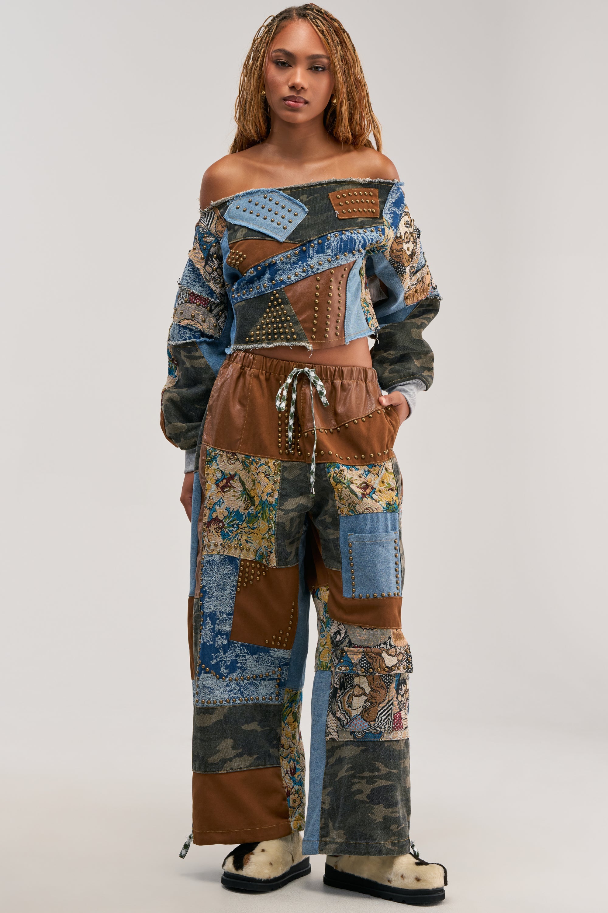 CALL ME CRAZY PATCHWORK OFF THE SHOULDER SWEATSHIRT IN BROWN MULTI