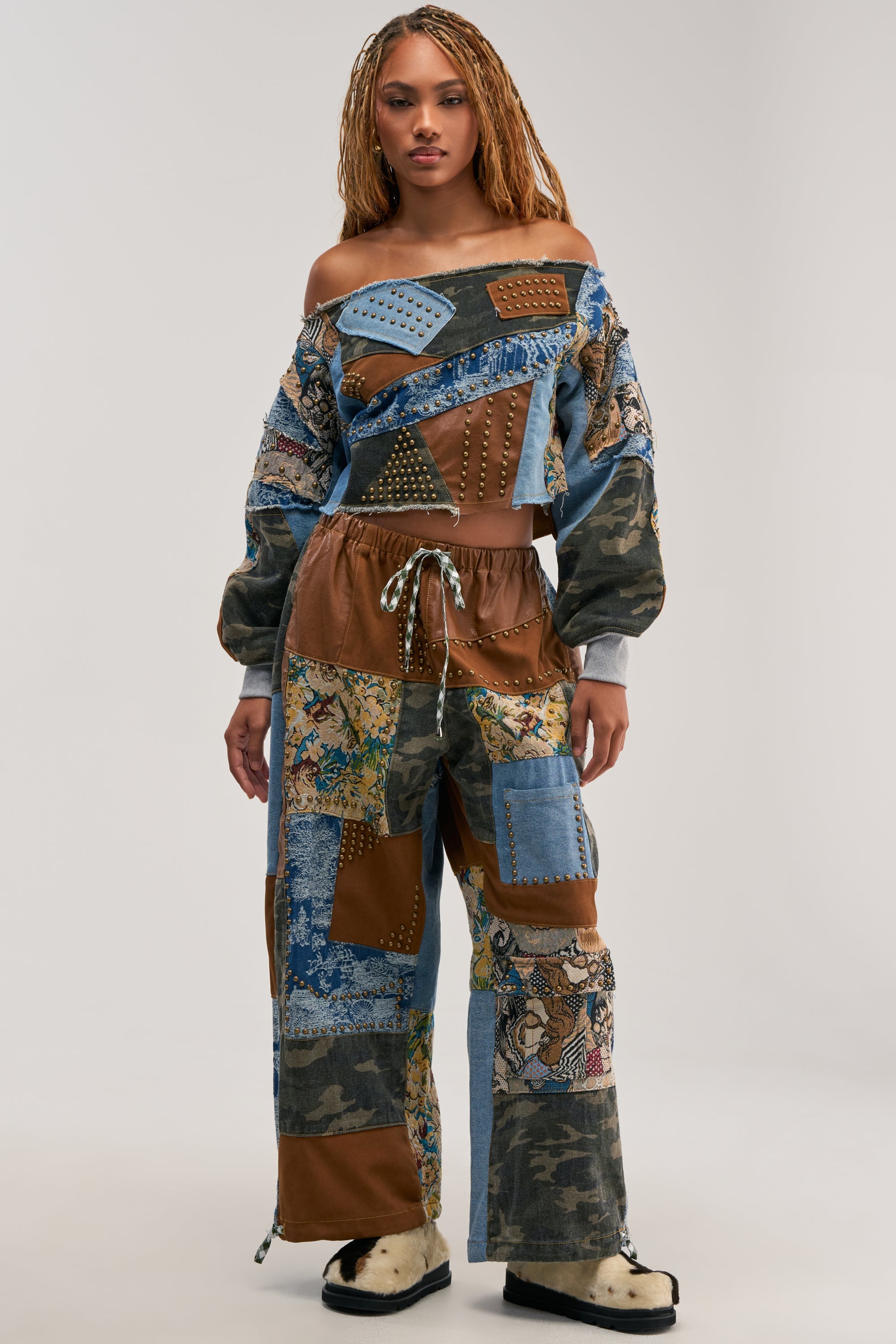 CALL ME CRAZY PATCHWORK OFF THE SHOULDER SWEATSHIRT IN BROWN MULTI