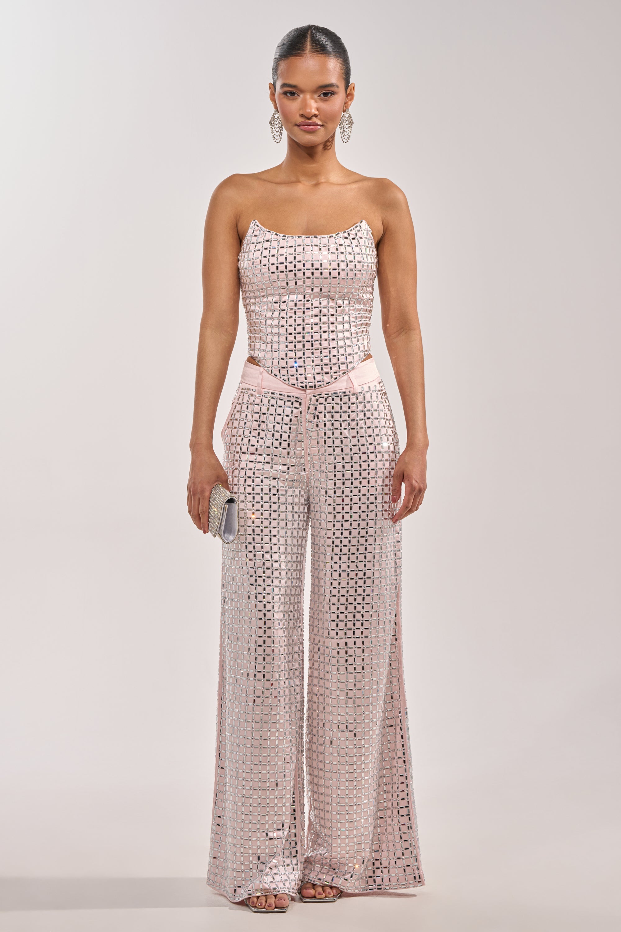 LILA EMBELLISHED SATIN TROUSER IN LIGHT PINK