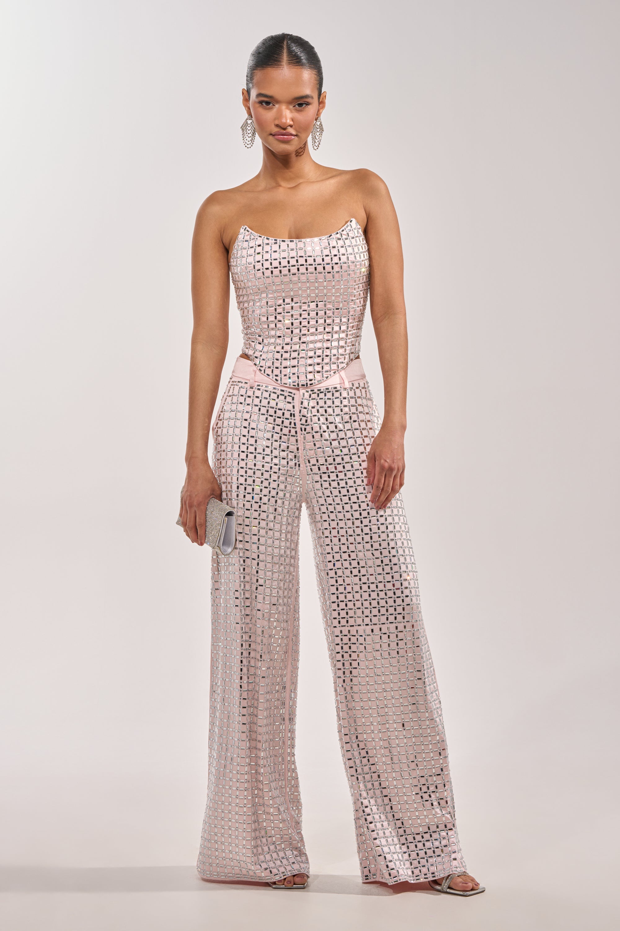 LILA EMBELLISHED SATIN TROUSER IN LIGHT PINK