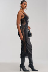 ESSENTIAL LACE TRIM SATIN MIDI DRESS IN BLACK
