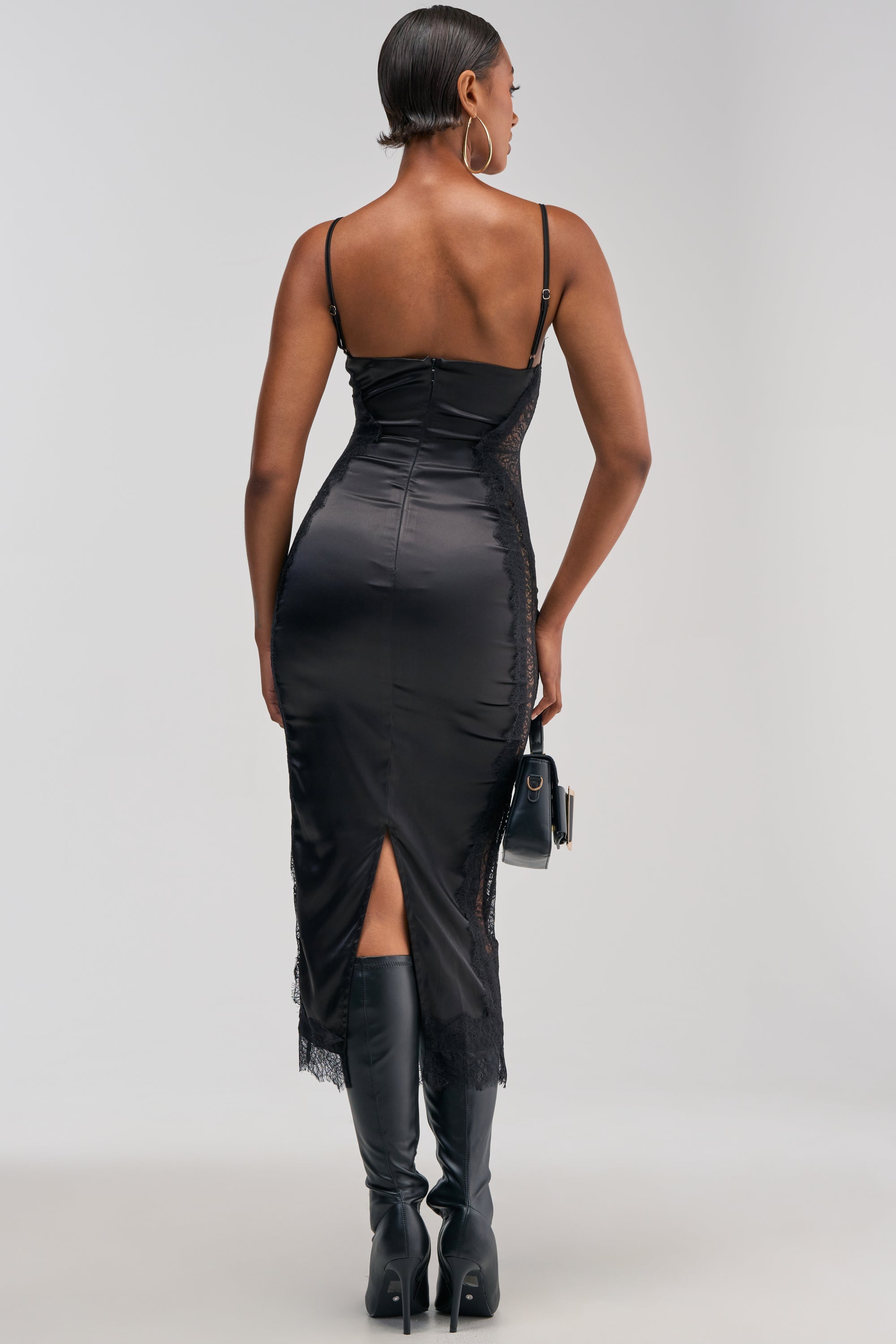 ESSENTIAL LACE TRIM SATIN MIDI DRESS IN BLACK