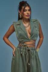 GUESS WHO V-NECK COLLARED BLOUSE IN DENIM