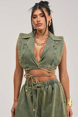 GUESS WHO V-NECK COLLARED BLOUSE IN DENIM