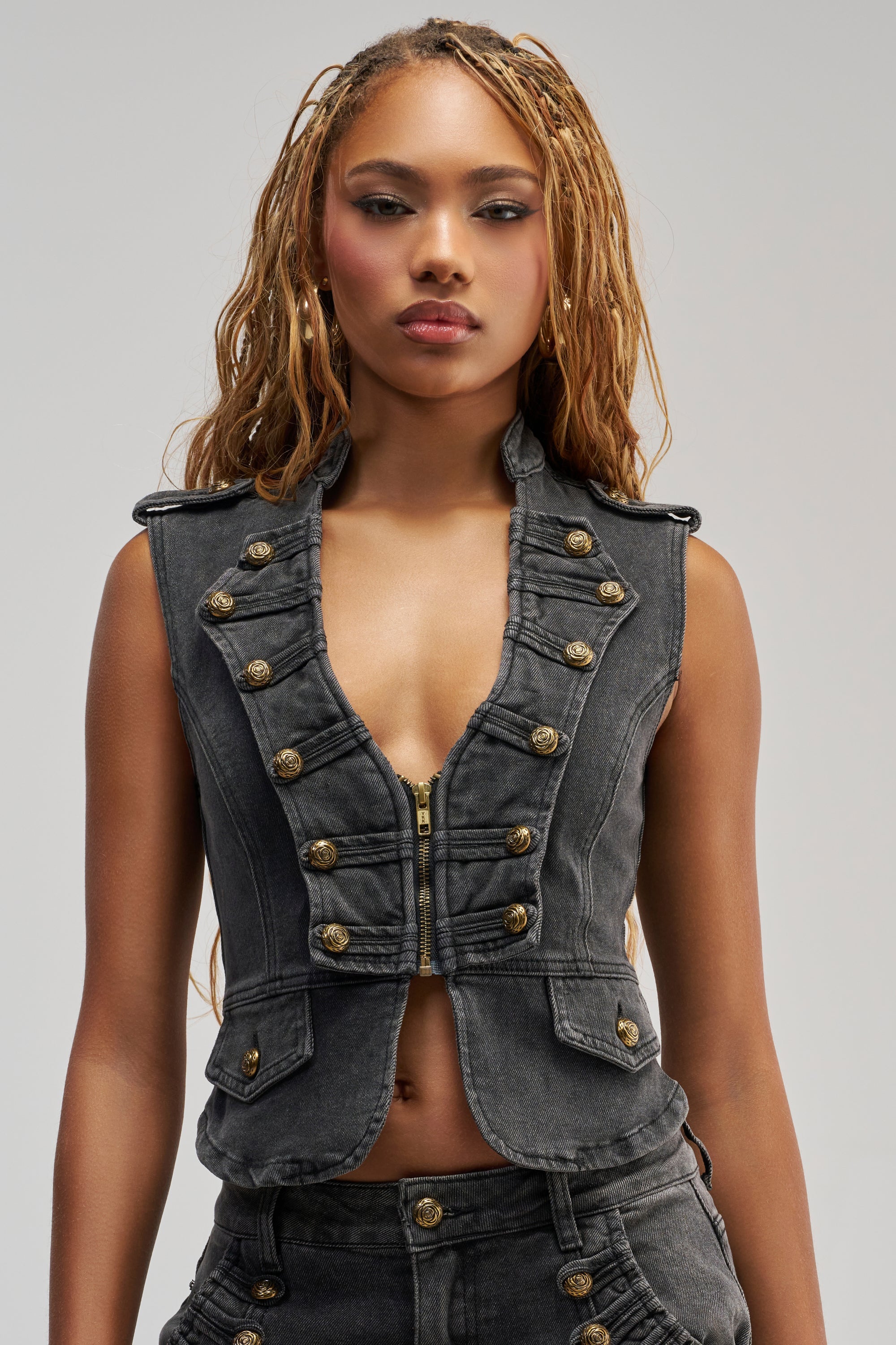AHEAD OF THE CURVE MILITARY DENIM TOP