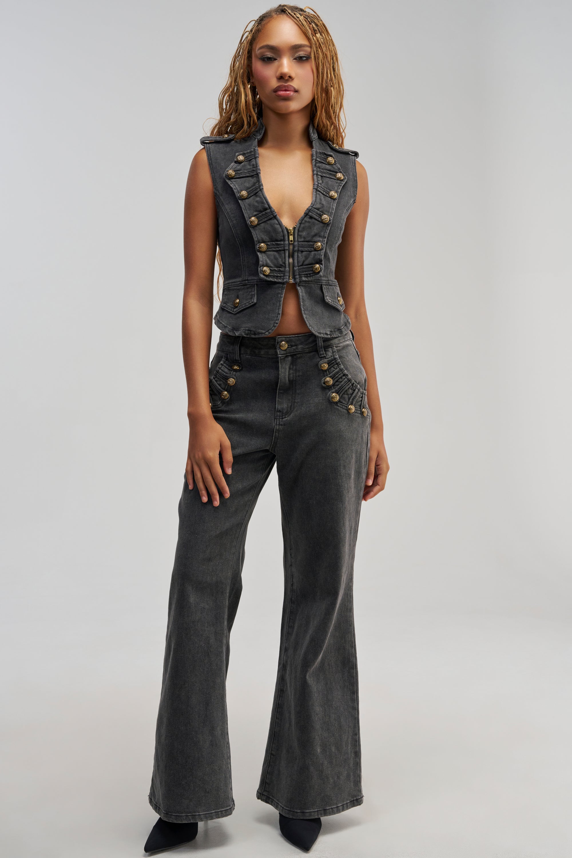 AHEAD OF THE CURVE MILITARY DENIM TOP