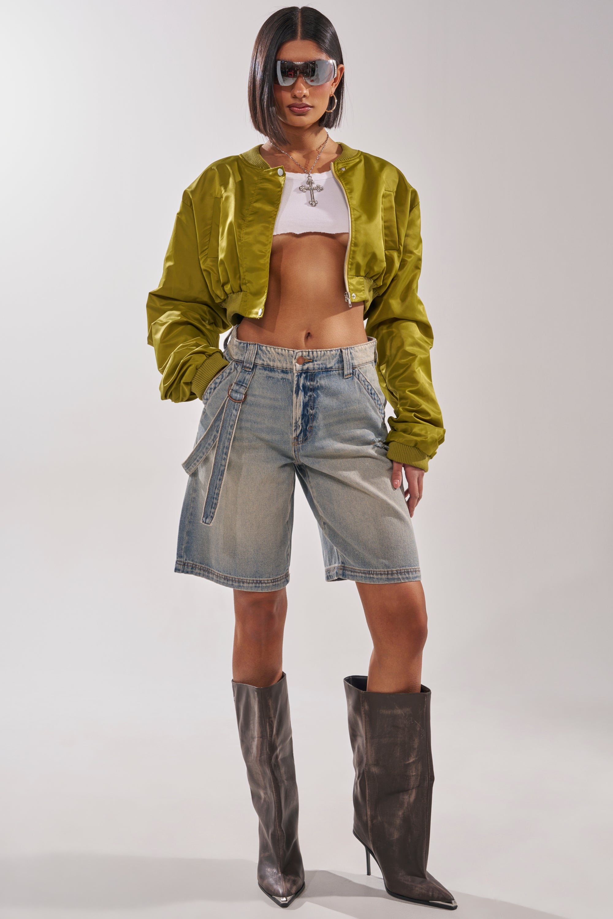 TAKE IT EASY CROPPED BOMBER IN GREEN