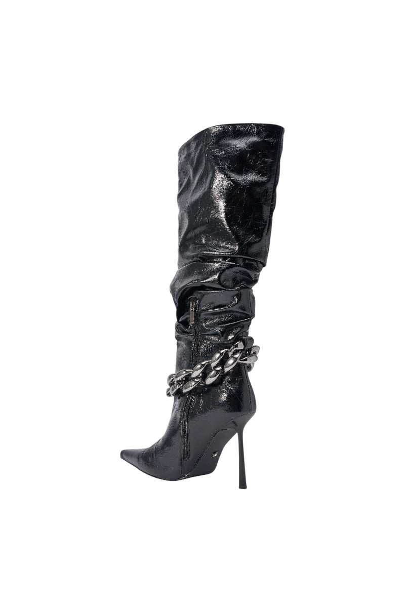 AKIRA GOLD AFTERHOURS BLACK STILETTO BOOT WITH METAL DETAIL