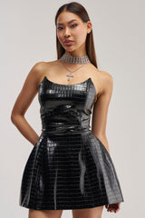JUST WHAT I NEED TEXTURED PU MINI DRESS IN BLACK