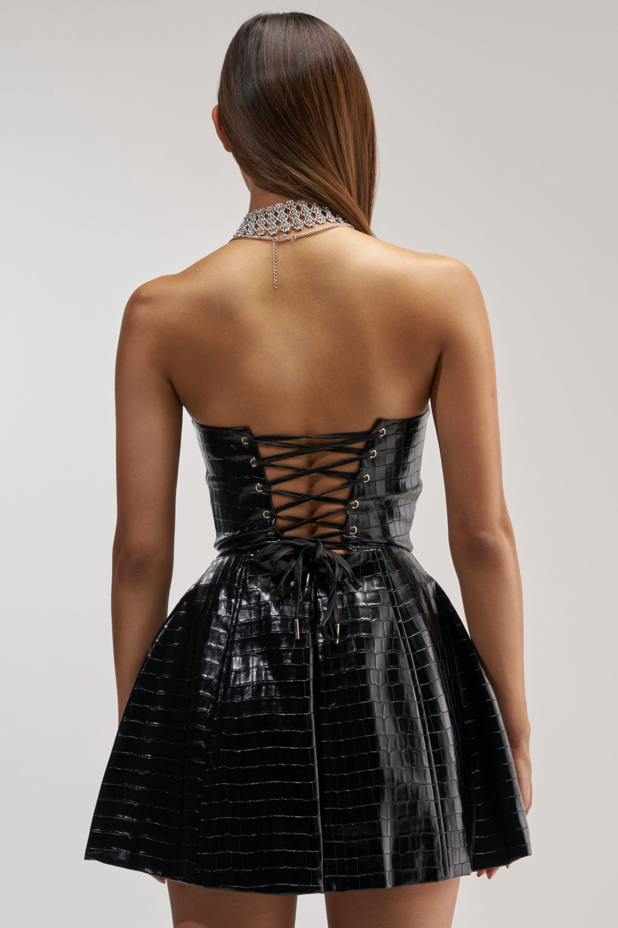 JUST WHAT I NEED TEXTURED PU MINI DRESS IN BLACK