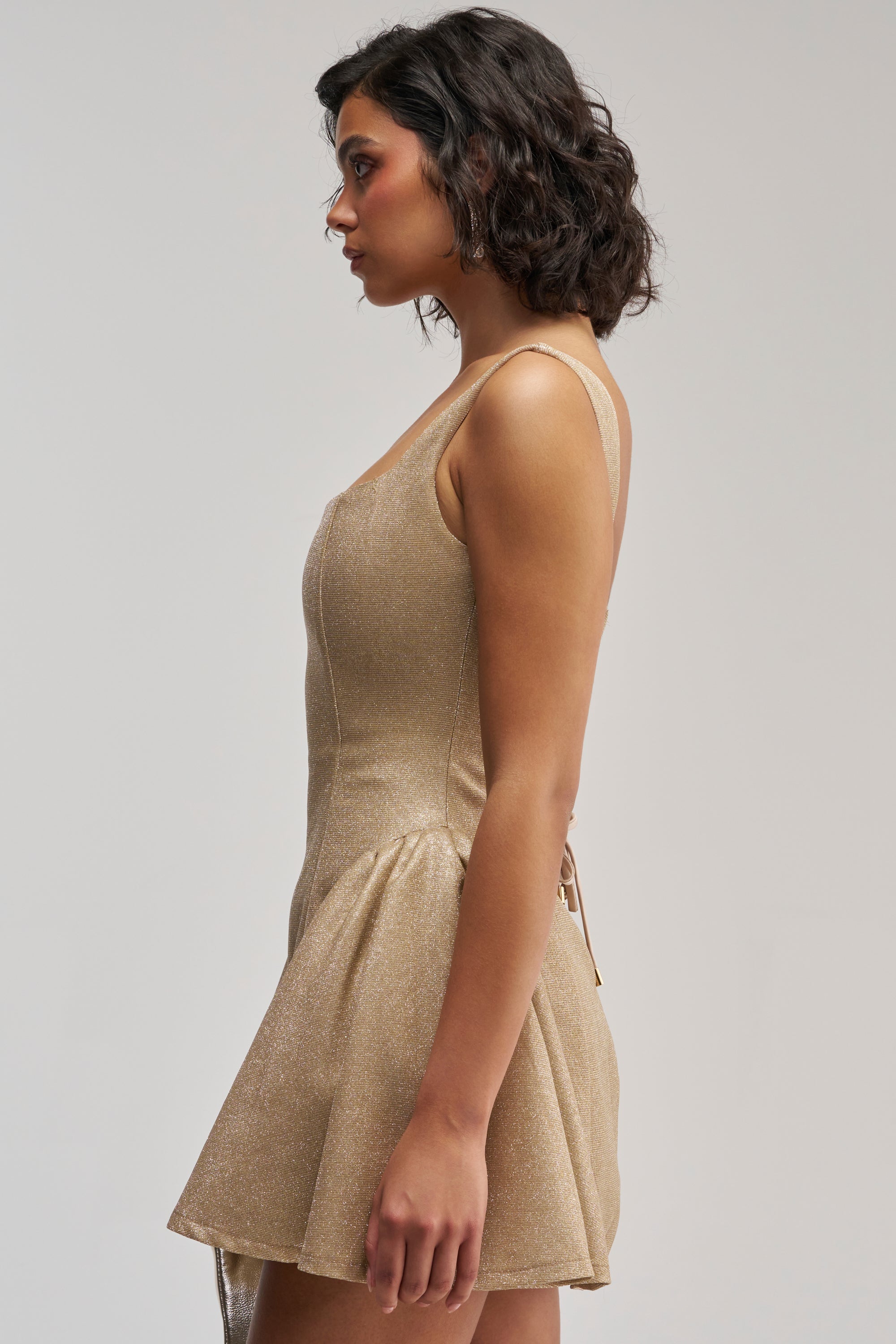 YOUR PERFECT DATE SPACESHINE MINI DRESS IN GOLD