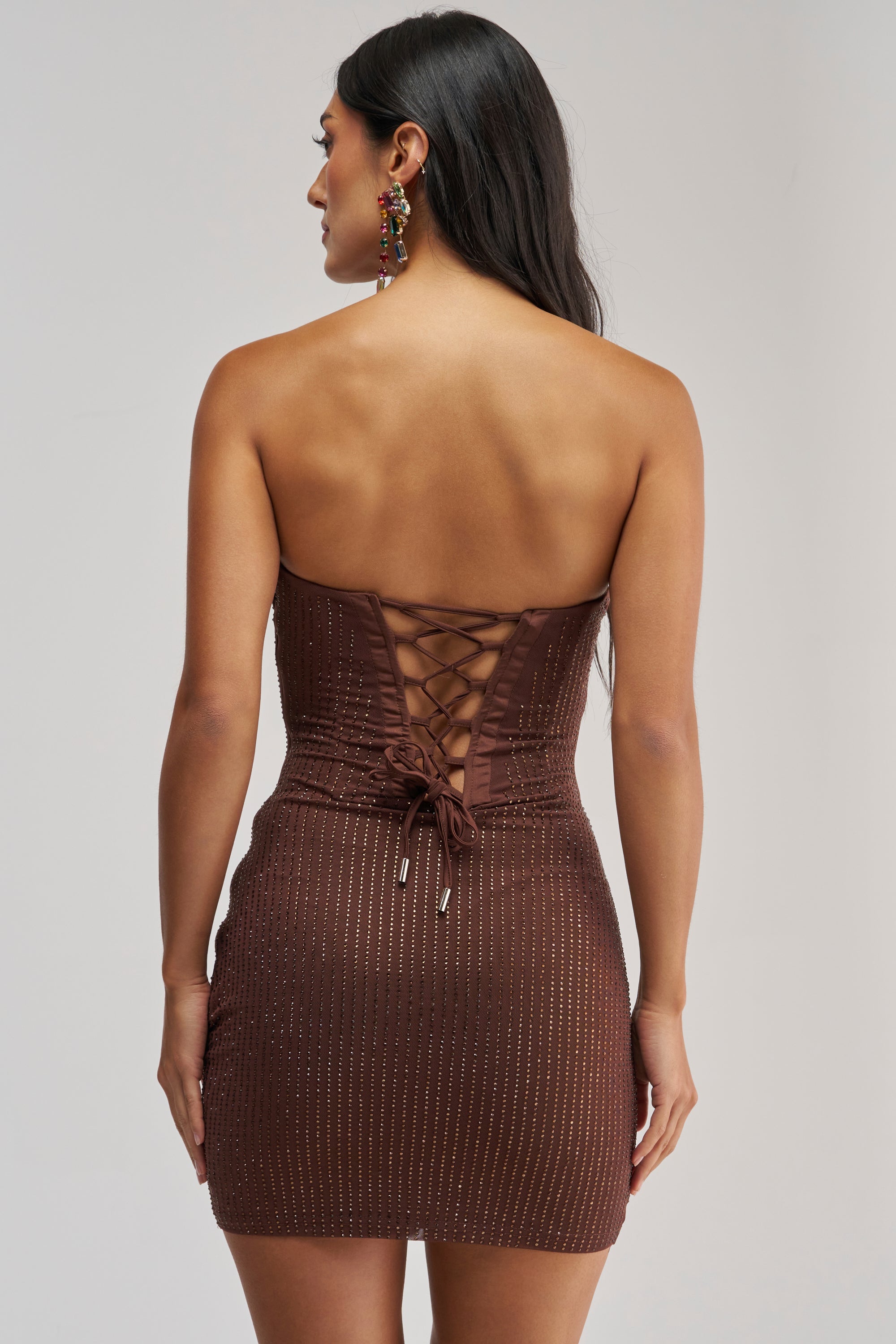 FULL GLAM RHINESTONE MINI DRESS IN BROWN