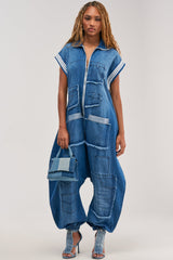 OFF-DUTY DENIM PATCHWORK JUMPSUIT