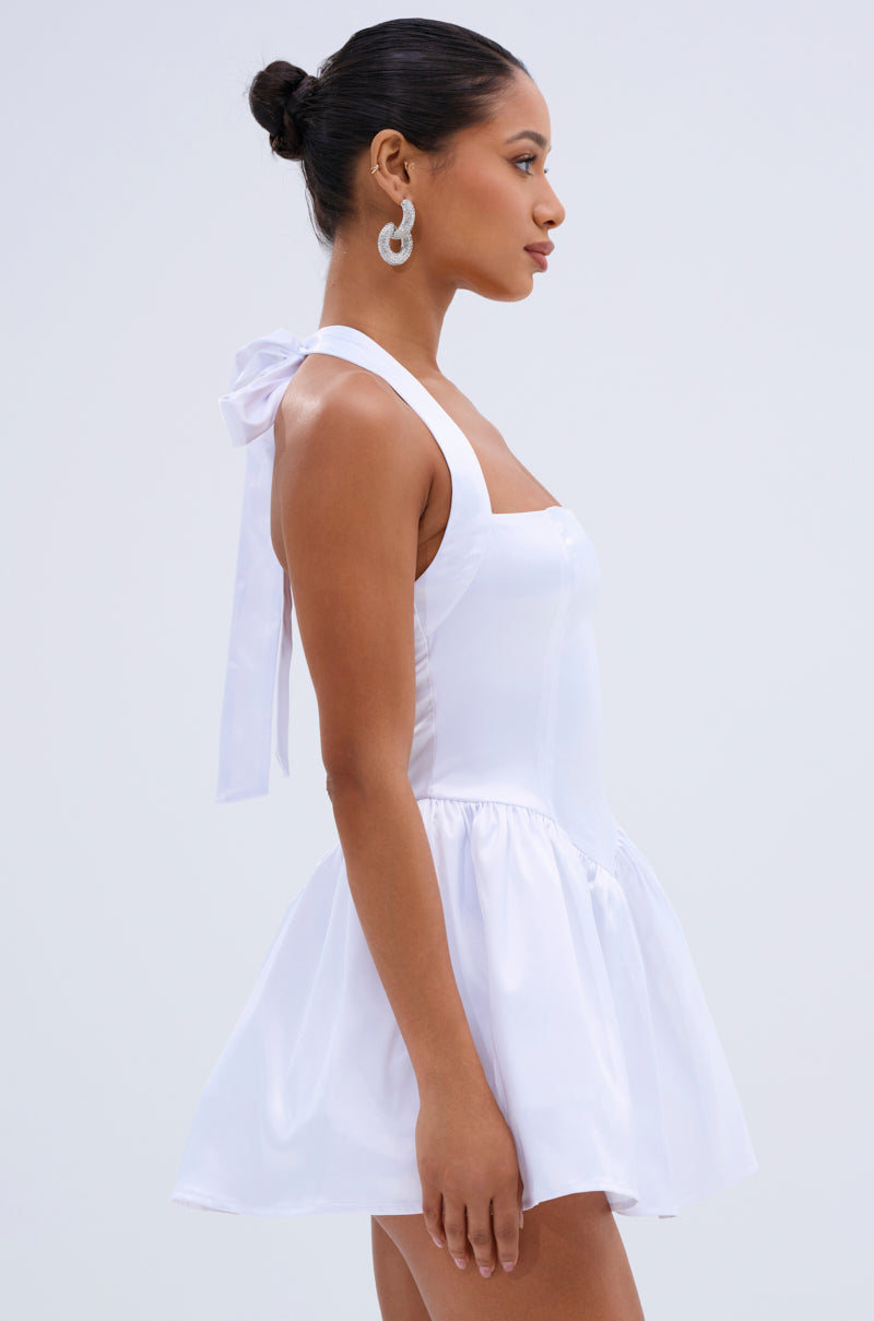 LIKE DAYLIGHT SATIN MINI DRESS IN WHITE